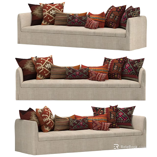 Beige Sectional Sofa With Multiple Colorful Patterned Cushions And Soft Upholstery 3d model 