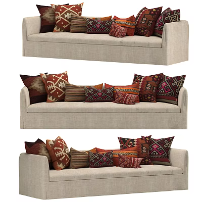 Beige Sectional Sofa With Multiple Colorful Patterned Cushions And Soft Upholstery 3d model