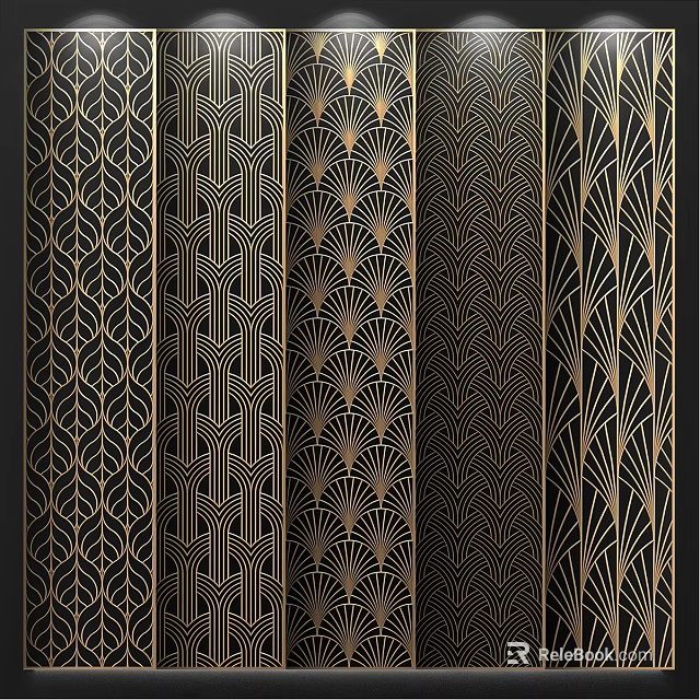 Elegant Modern Room Dividers With Gold Geometric Patterns On Black Background 3d model 