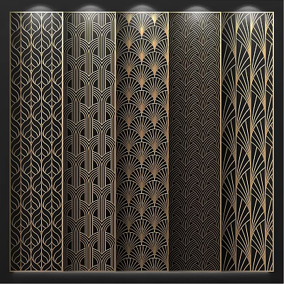 Elegant Modern Room Dividers With Gold Geometric Patterns On Black Background 3d model