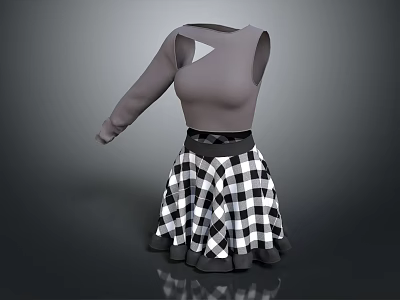 Stylish Gray One Shoulder Top With Cutout Detail And Black White Checkered Ruffled Skirt 3d model