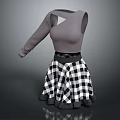 Stylish Gray One Shoulder Top With Cutout Detail And Black White Checkered Ruffled Skirt