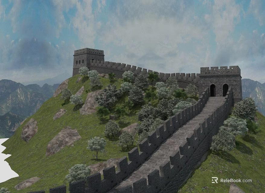 Great Wall Scenic Landscape Featuring Winding Path Watchtowers Green Grass Trees And Mountains 3d model 