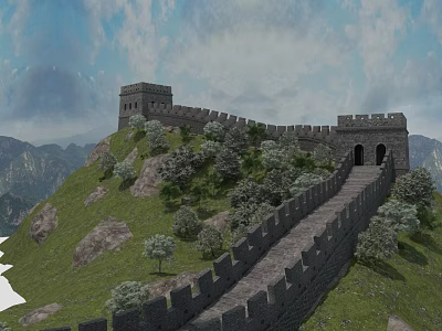Great Wall Scenic Landscape Featuring Winding Path Watchtowers Green Grass Trees And Mountains 3d model