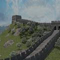 Great Wall Scenic Landscape Featuring Winding Path Watchtowers Green Grass Trees And Mountains