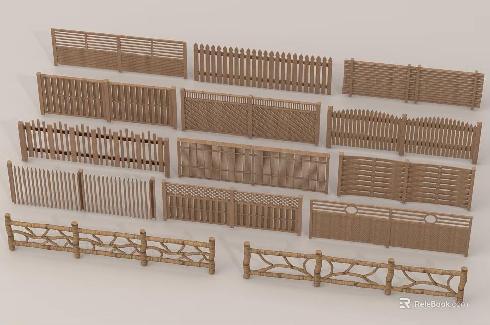 Wooden Railings With Various Decorative Designs For Outdoor Garden 3d model 