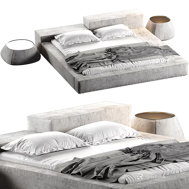Modern Upholstered Double Bed With Round Side Table And Neutral Tones Bedding 3d model 