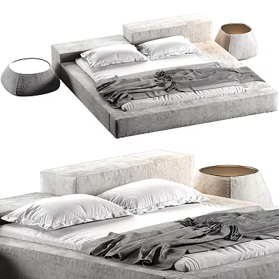 Modern Upholstered Double Bed With Round Side Table And Neutral Tones Bedding 3d model
