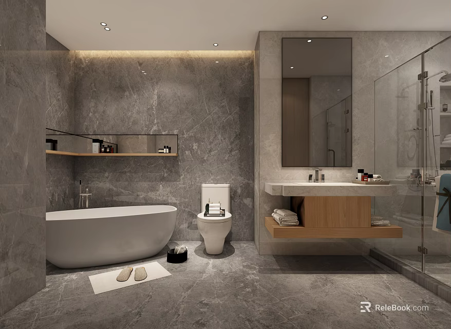 Modern Hotel Bathroom Interior With Gray Marble Walls Freestanding Bathtub Glass Shower And Wooden Vanity 3d model 