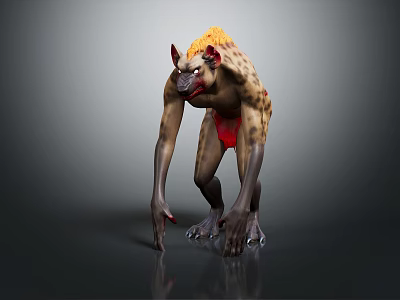 Fierce Standing Hyena Like Creature With Yellow Mane Red Body Long Arms Sharp Claws 3d model