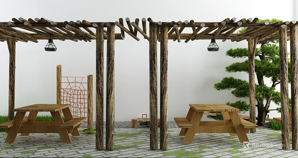 Courtyard Garden With Wooden Pergola Hanging Lanterns Picnic Tables Green Plants And Stone Paved Floor 3d model 