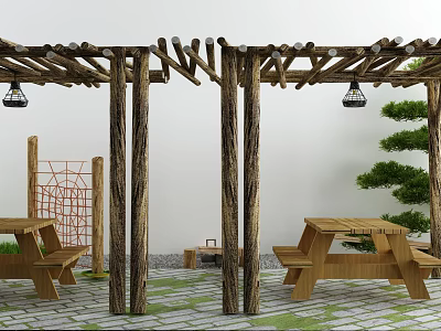 Courtyard Garden With Wooden Pergola Hanging Lanterns Picnic Tables Green Plants And Stone Paved Floor 3d model