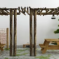 Courtyard Garden With Wooden Pergola Hanging Lanterns Picnic Tables Green Plants And Stone Paved Floor