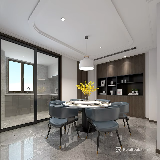 Modern Dining and Living Room Interior With Round Table Gray Chairs Yellow Flowers And Bookshelves 3d model 