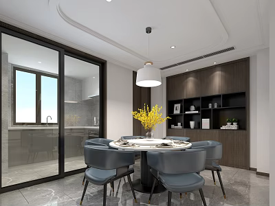 Modern Dining and Living Room Interior With Round Table Gray Chairs Yellow Flowers And Bookshelves 3d model