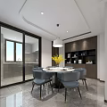 Modern Dining and Living Room Interior With Round Table Gray Chairs Yellow Flowers And Bookshelves