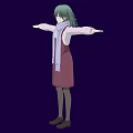 Woman in pink dress with green hair purple scarf arms outstretched against dark purple background