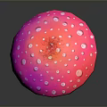 Vibrant Pink Mushroom with White Spots and Wooden Stem on Dark Shiny Background