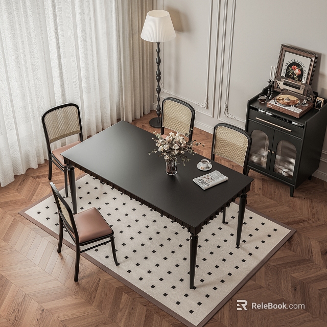 Cozy Restaurant Interior With Black Dining Table Flower Vase Four Rattan Chairs And Checkered Rug 3d model 