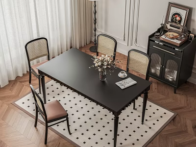 Cozy Restaurant Interior With Black Dining Table Flower Vase Four Rattan Chairs And Checkered Rug 3d model