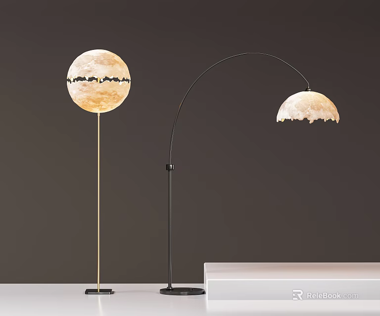 Modern Floor Lamps With Moon Mountain Design Arched Stand Beige Shades Gold Black Bases 3d model 