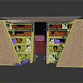 Modern Symmetric Brick Bookcase Design With Decorative Metal Gate Black Countertop Filled With Stacked Books