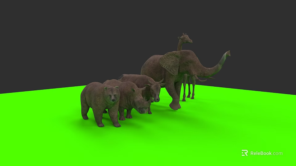 Wild Animal Models Elephant Giraffe Bear Rhino on Green Surface with Black Background 3d model 