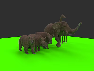 Wild Animal Models Elephant Giraffe Bear Rhino on Green Surface with Black Background 3d model