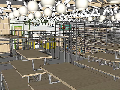 Supermarket Department Store Interior With Shelves Wooden Tables And Ceiling Lights 3d model