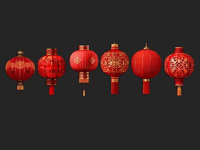 Red Lantern Hanging Ornaments with Traditional Decorative Patterns and Various Styles 3d model
