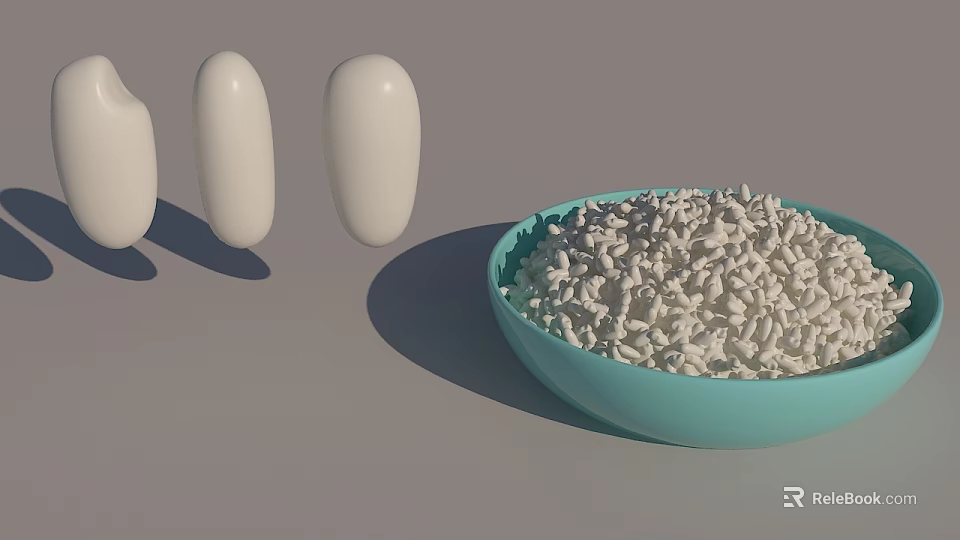 White Oval Shaped Objects Beside Light Blue Bowl Filled With White Granules 3d model