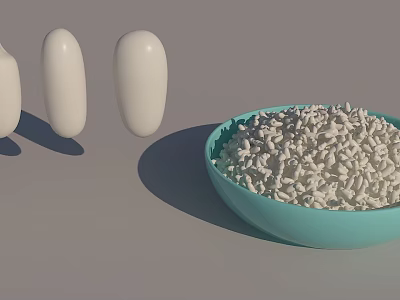 White Oval Shaped Objects Beside Light Blue Bowl Filled With White Granules 3d model
