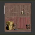 Wooden Barn Structure With Red Walls Staircase Hay Bales And Barrels
