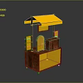 Modern Street Vendor Kiosk With Yellow Awning Wooden Counter And Display Shelves