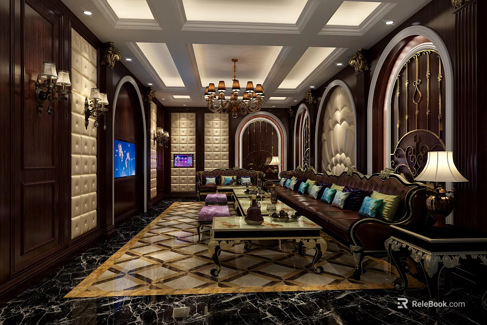 Luxurious KTV Lounge Interior Design With Wooden Walls Chandelier TV Screen And Sofa 3d model 