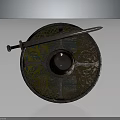Ancient Medieval Shield With Sword And Ornate Intricate Patterns Metal Boss