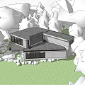 Modern White Detached Villa on Hillside with Green Lawn Palm Trees and Lush Vegetation