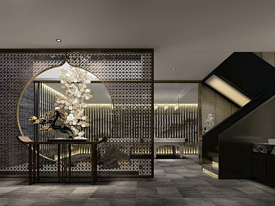 Luxurious Clubhouse Interior Design With Circular Lattice Screen Elegant Chandelier And Modern Staircase 3d model