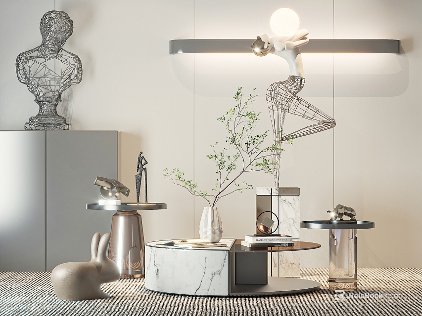 Elegant Modern Coffee Table With Marble Top Sculptures Green Plants And Table Lamp 3d model 