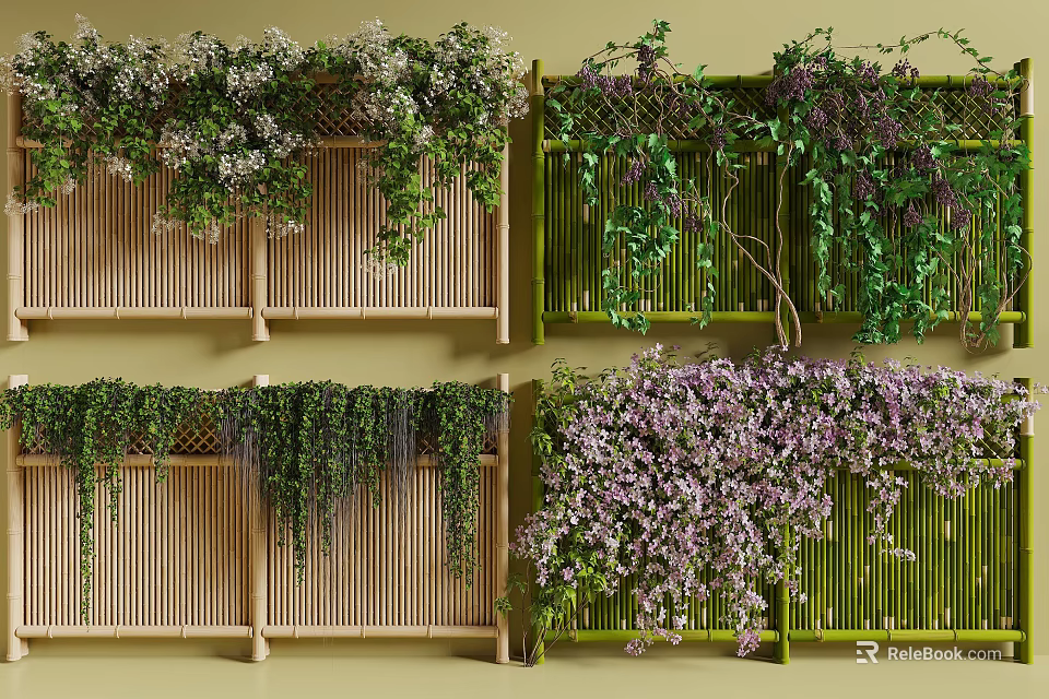 Vines on Wooden and Bamboo Fences with White Purple Flowers and Green Leaves Decorative Design 3d model 