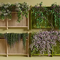 Vines on Wooden and Bamboo Fences with White Purple Flowers and Green Leaves Decorative Design