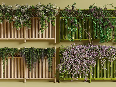Vines on Wooden and Bamboo Fences with White Purple Flowers and Green Leaves Decorative Design 3d model