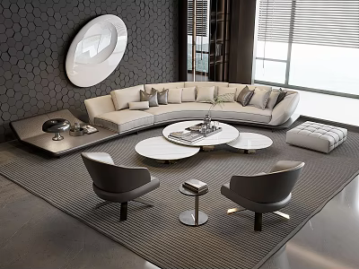 Elegant Modern Living Room With Curved Sofa And Coffee Table Set Area Rug Armchairs 3d model