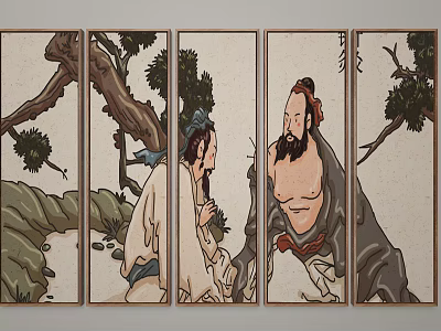 Traditional Chinese Panel Figure Painting with Two Characters and Natural Scenery 3d model