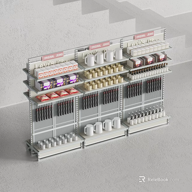 Modern Retail Display Shelf With Labeled Multi Level Racks Holding Various Organized Products 3d model