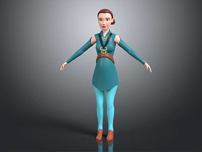 3D Female Character In Blue Outfit With Brown Belt And Brown Shoes Standing Pose 3d model