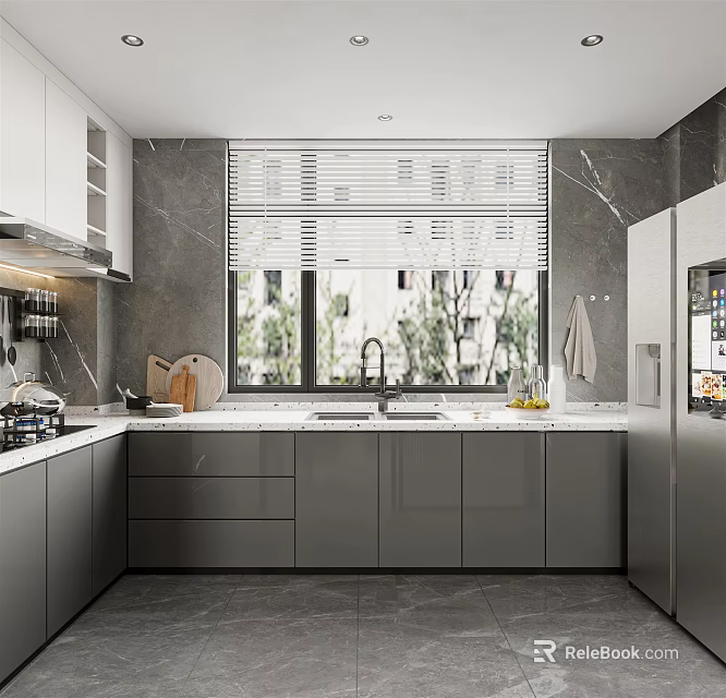 Modern Kitchen Interior Design With Gray Cabinets Marble Countertop Window Blinds And Refrigerator 3d model