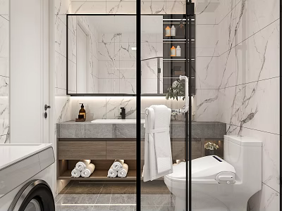 Modern Bathroom Interior Design With Marble Walls Large Mirror Vanity Towels Toilet And Glass Partition 3d model