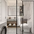 Modern Bathroom Interior Design With Marble Walls Large Mirror Vanity Towels Toilet And Glass Partition
