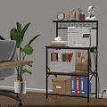 Multi Tiered Office Storage Shelf With Printer Folders And Green Plant Near Desk